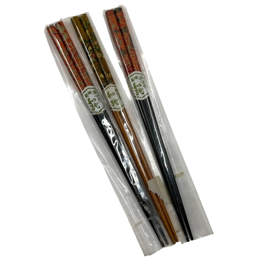 3 Pairs Japanese Washi Paper Wrapped Wooden Chopsticks Floral Pattern Set New
